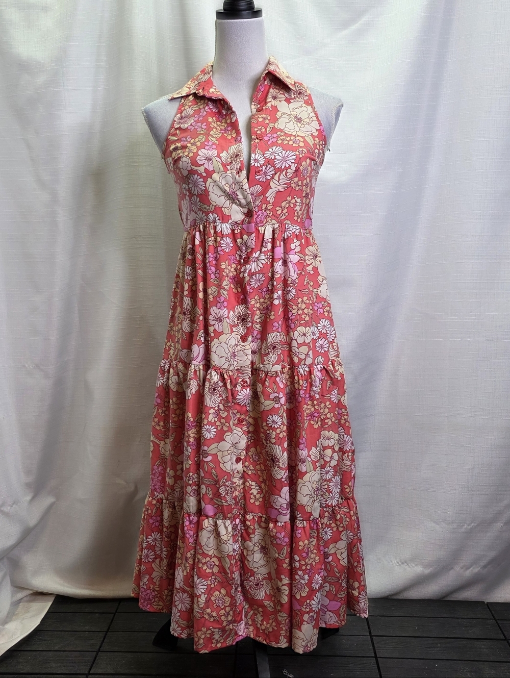 B.O.G. Collective Coral Pink Floral Sleeveless Midi Dress Size XS